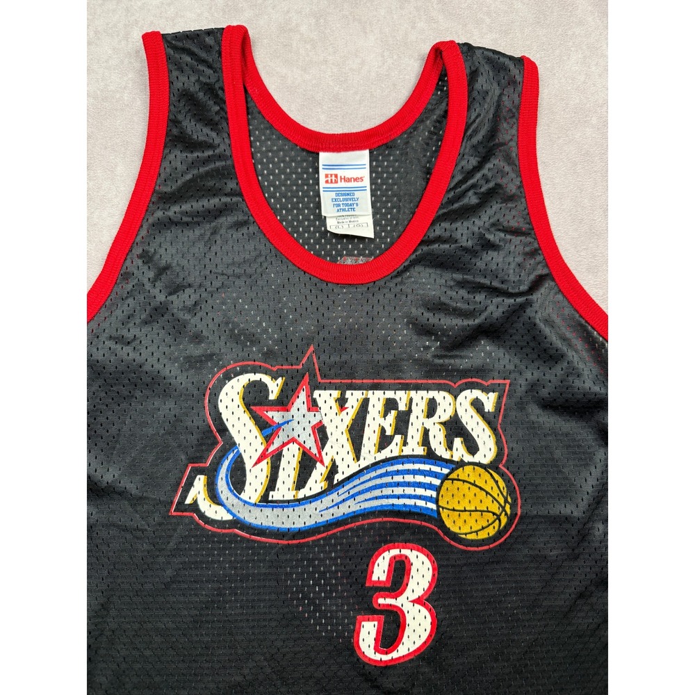 VTG Allen Iverson NBA Philadelphia 76ers Hanes Black Mesh Jersey Kid L 14/16 90s - Picture 7 of 12